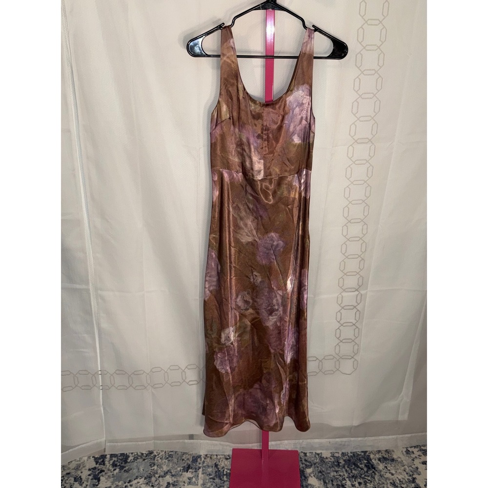 Vince Metallic‎ Floral Print Slip Maxi Dress Size 0 Brown Purple